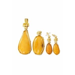 Vintage Yellow Agate Cabochon Pendant & Earrings Set Gold Tone + Extra Pendant